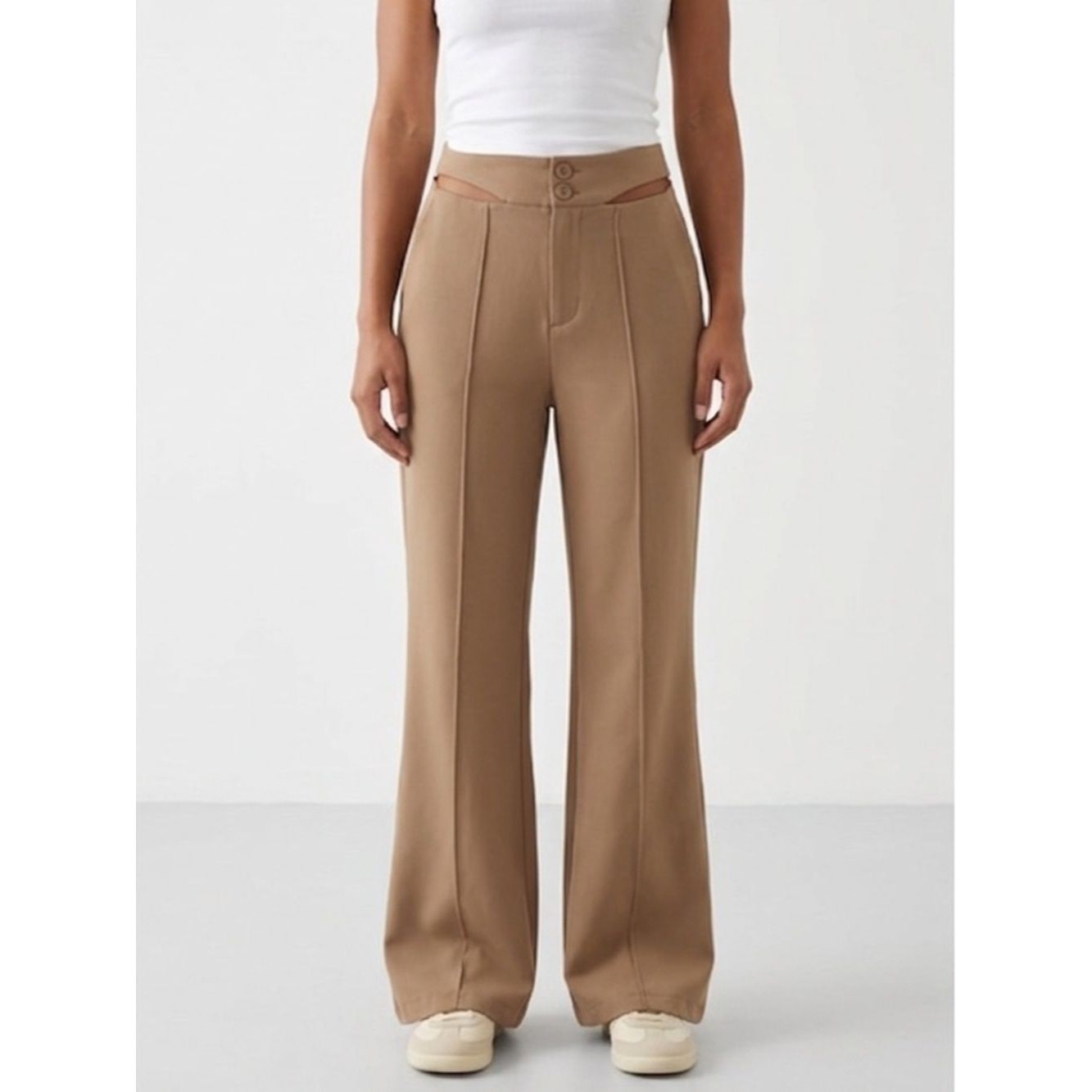 Nwt Cider Khaki Cut Out Waist Wide Leg Trousers Womens Xl Neutral Flowy Pants
